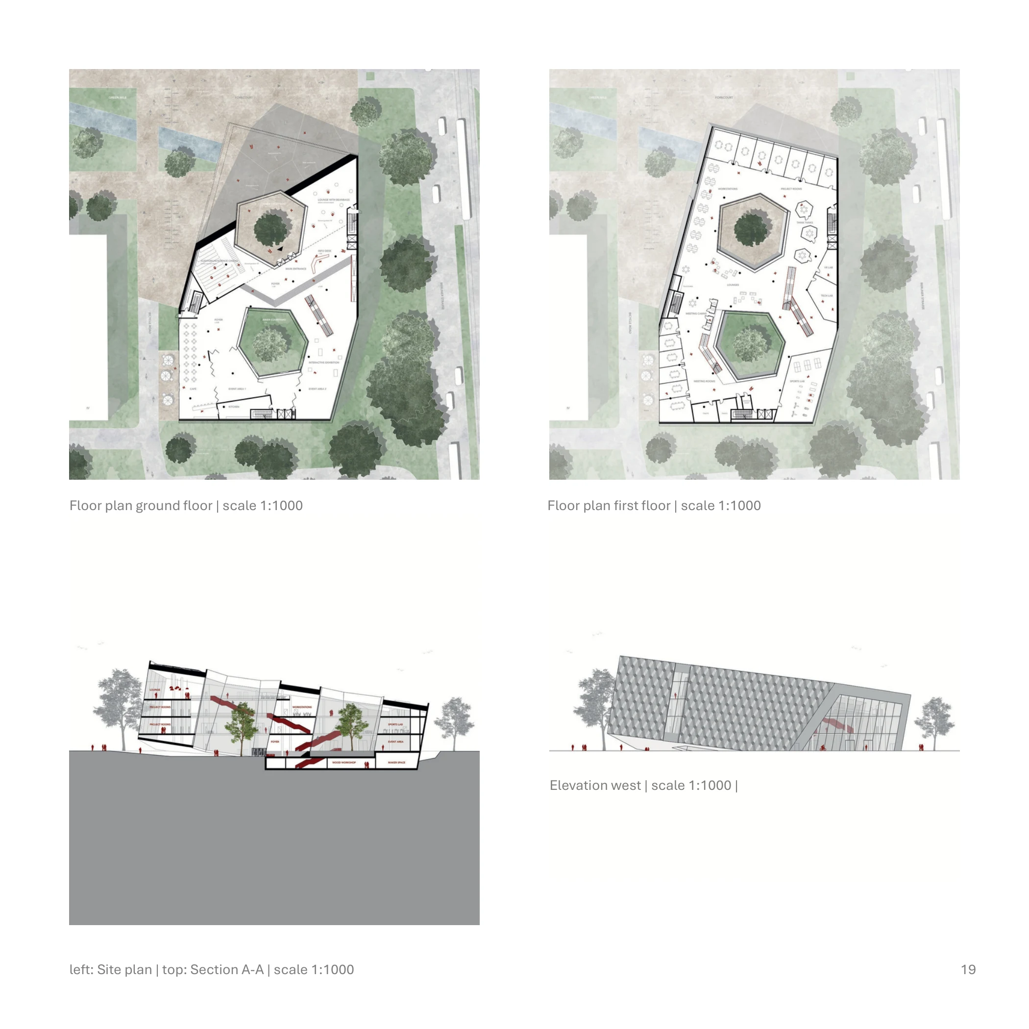 Site, ground floor and first floor plans