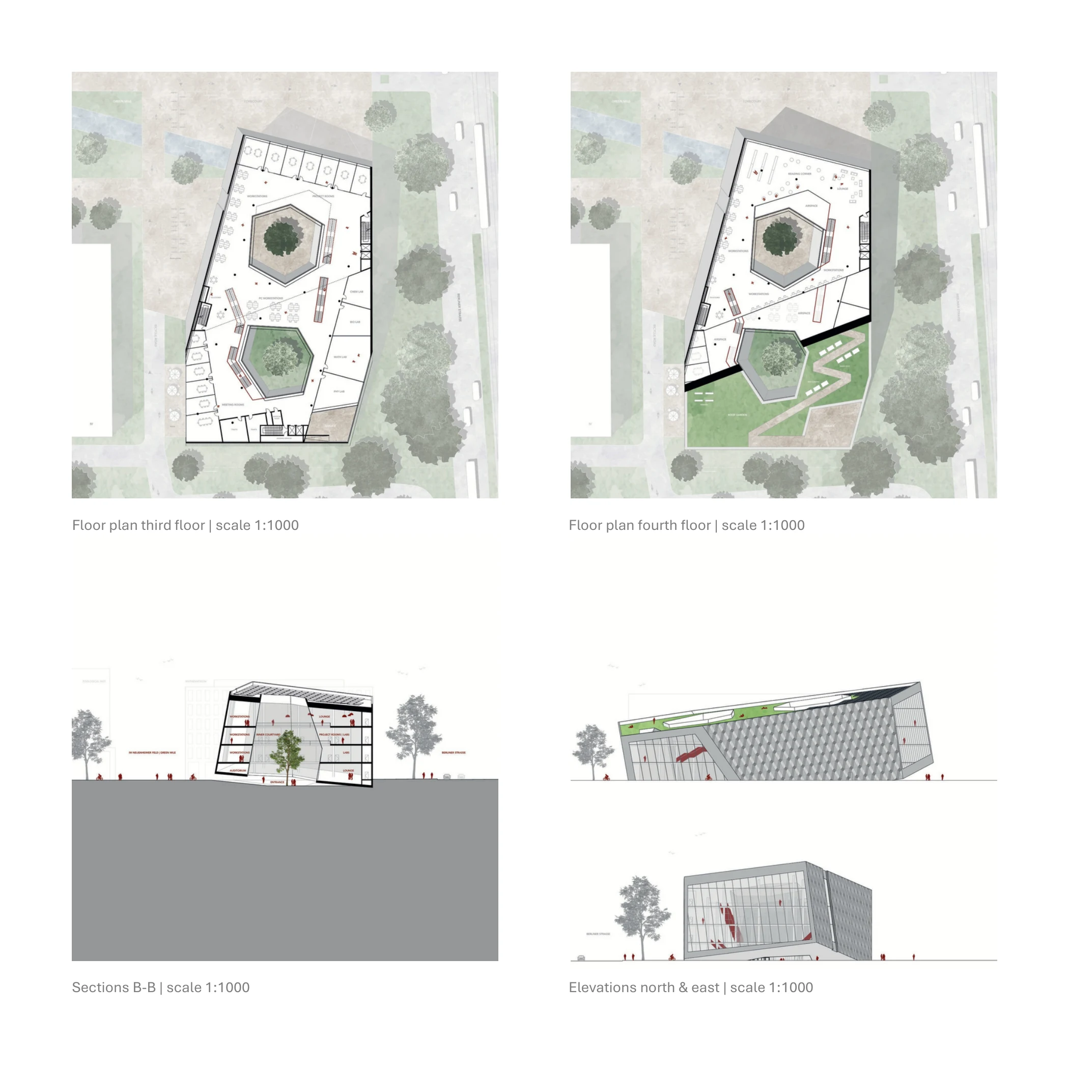 Upper floor plans, sections and elevations