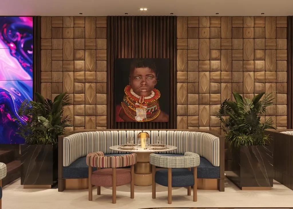 Booth seating, portrait art and material detail