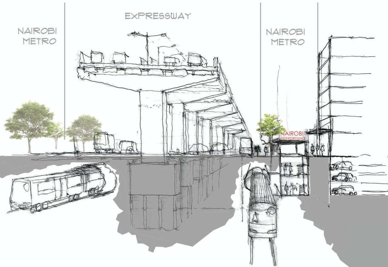 Conceptual sketch of a metro connection beneath Nairobi’s elevated infrastructure