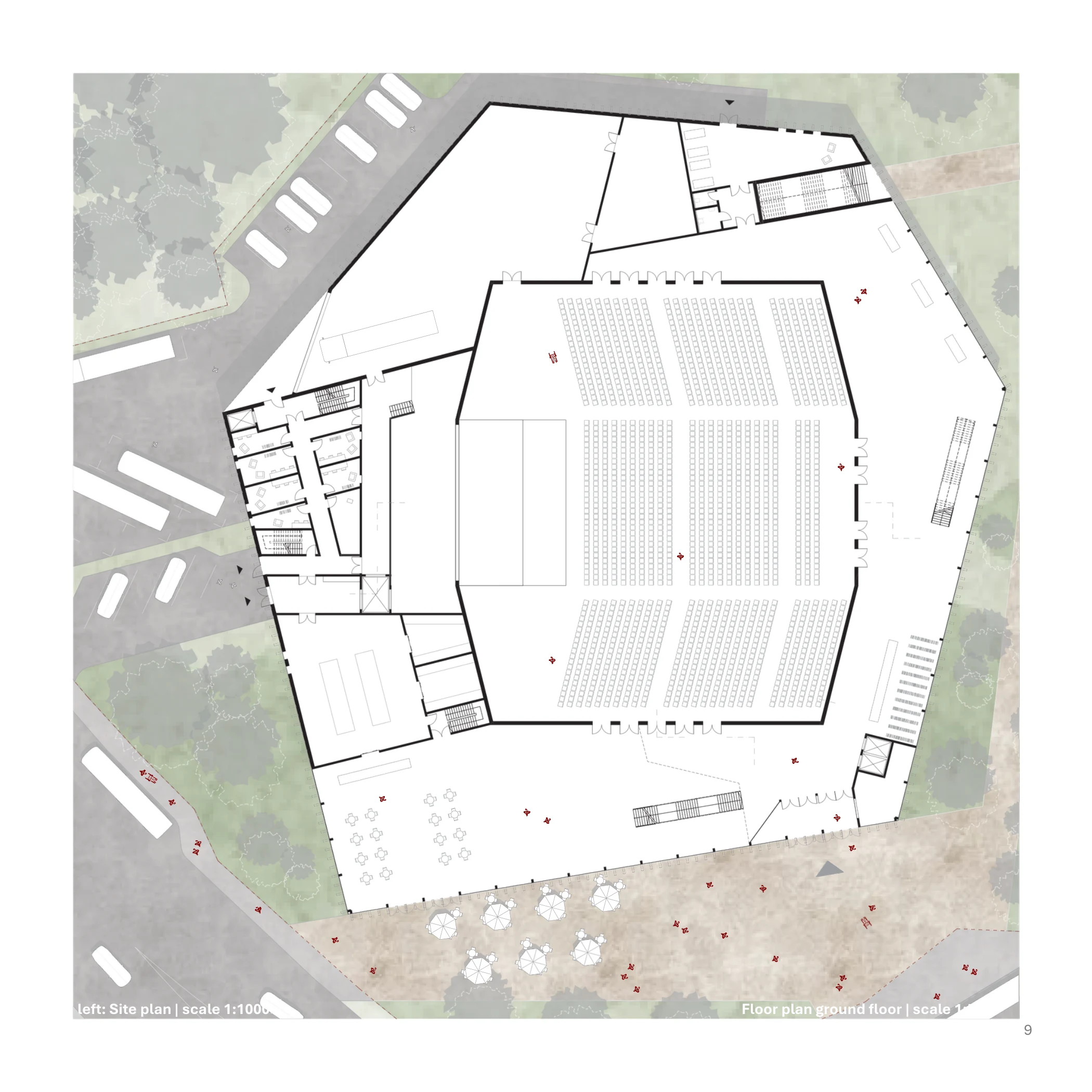 Site and ground floor plans