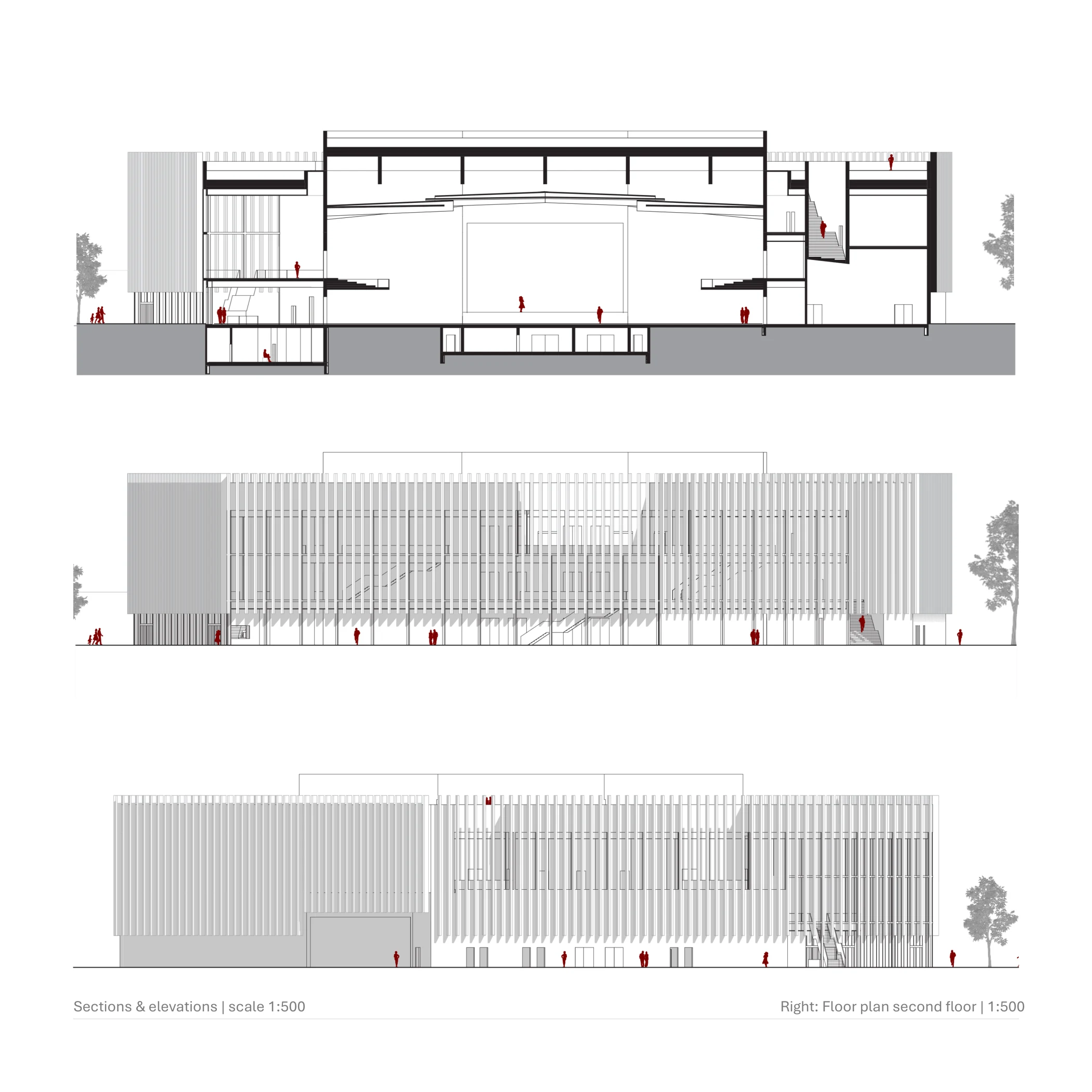 Sections, elevations and upper floor plan