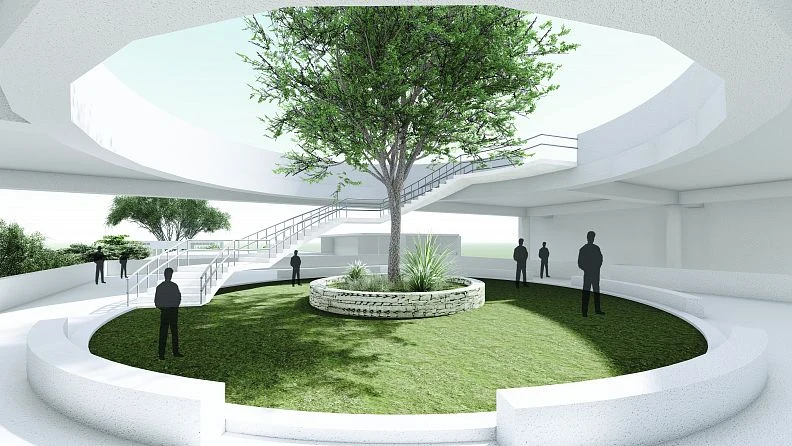 A planted courtyard at the heart of the library